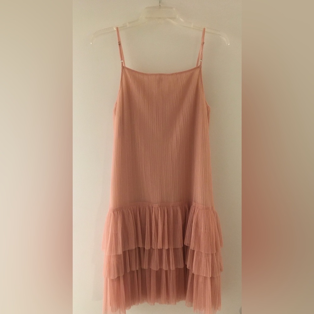 NWT: Romantic slip dress from BCBG w/sheer tulle overlay and 4-tier ruffle hem